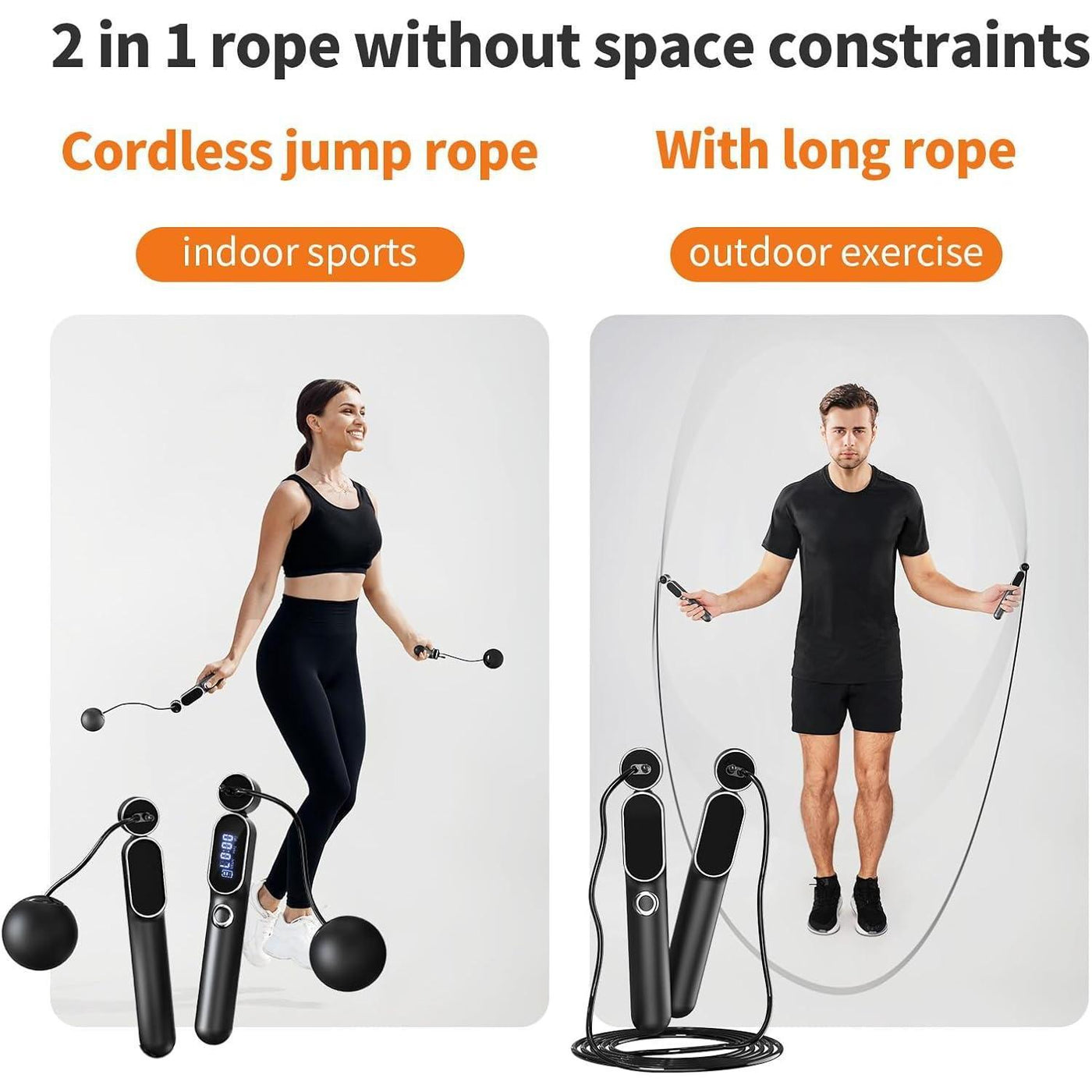 2 In 1 Adjustable Digital Intelligent Cordless Weighted Skipping Rope For Men And Women, Suitable For Children, Essential For Fitness, Boxing And Speed Training
